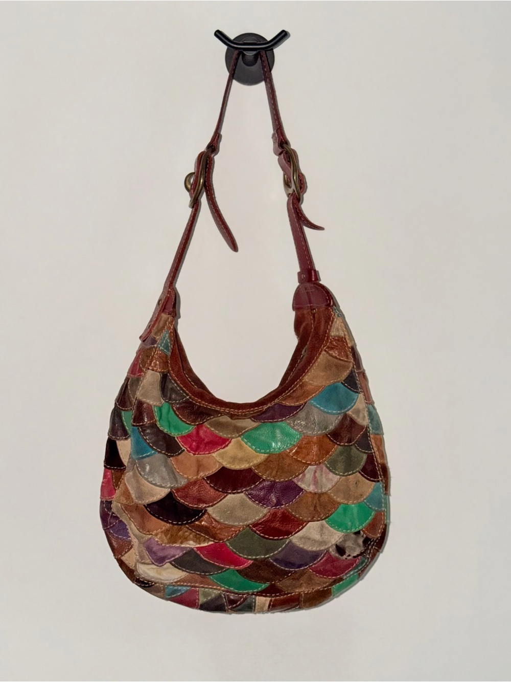 Lucky Brand Vintage Patchwork Leather Scallop Hobo Bag Fish Scale Multi Color